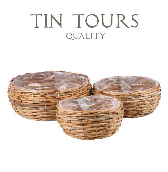 KOMPLET 3x OKRĄGŁY KOSZ RATTANOWY Z FOLIĄ NA KWIATY