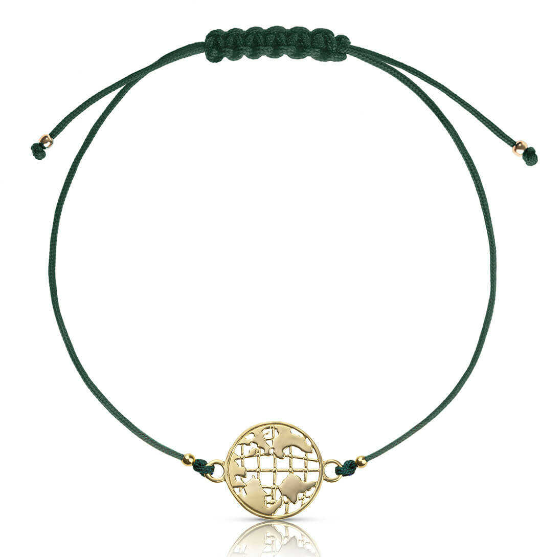 Bransoletka sznurkowa Mapa Świata srebrna pozłacana