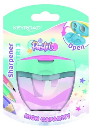 Temperówka plastikowa KEYROAD, pastel, potrójna, z pojemnikiem, blister, mix kolorów