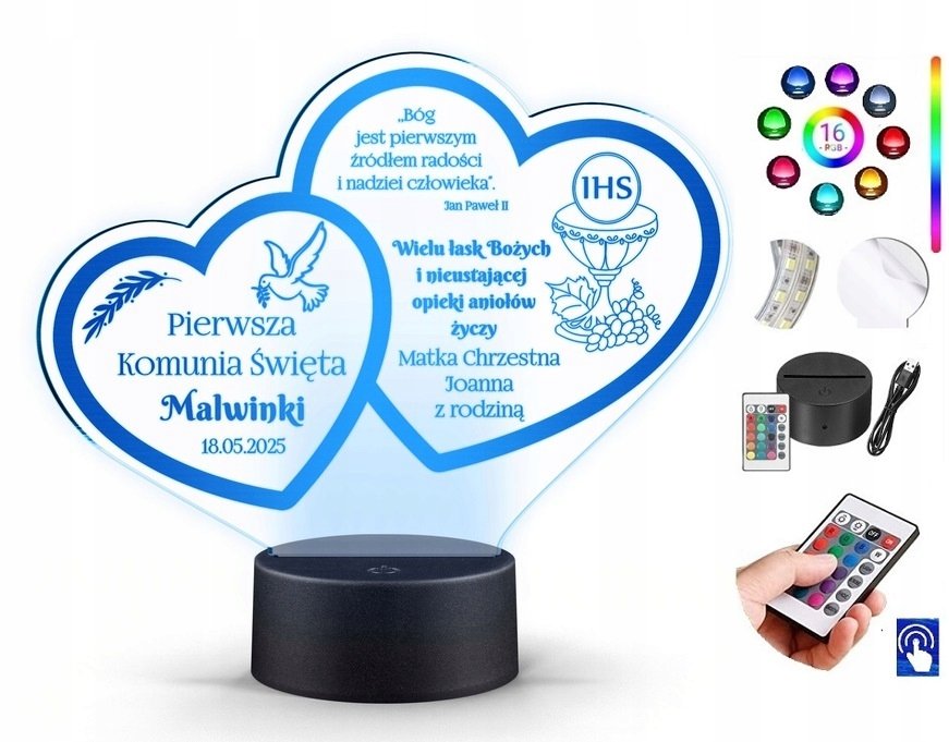 Lampka Pamiątka Pierwszej Komunia 16K. Led Plexido