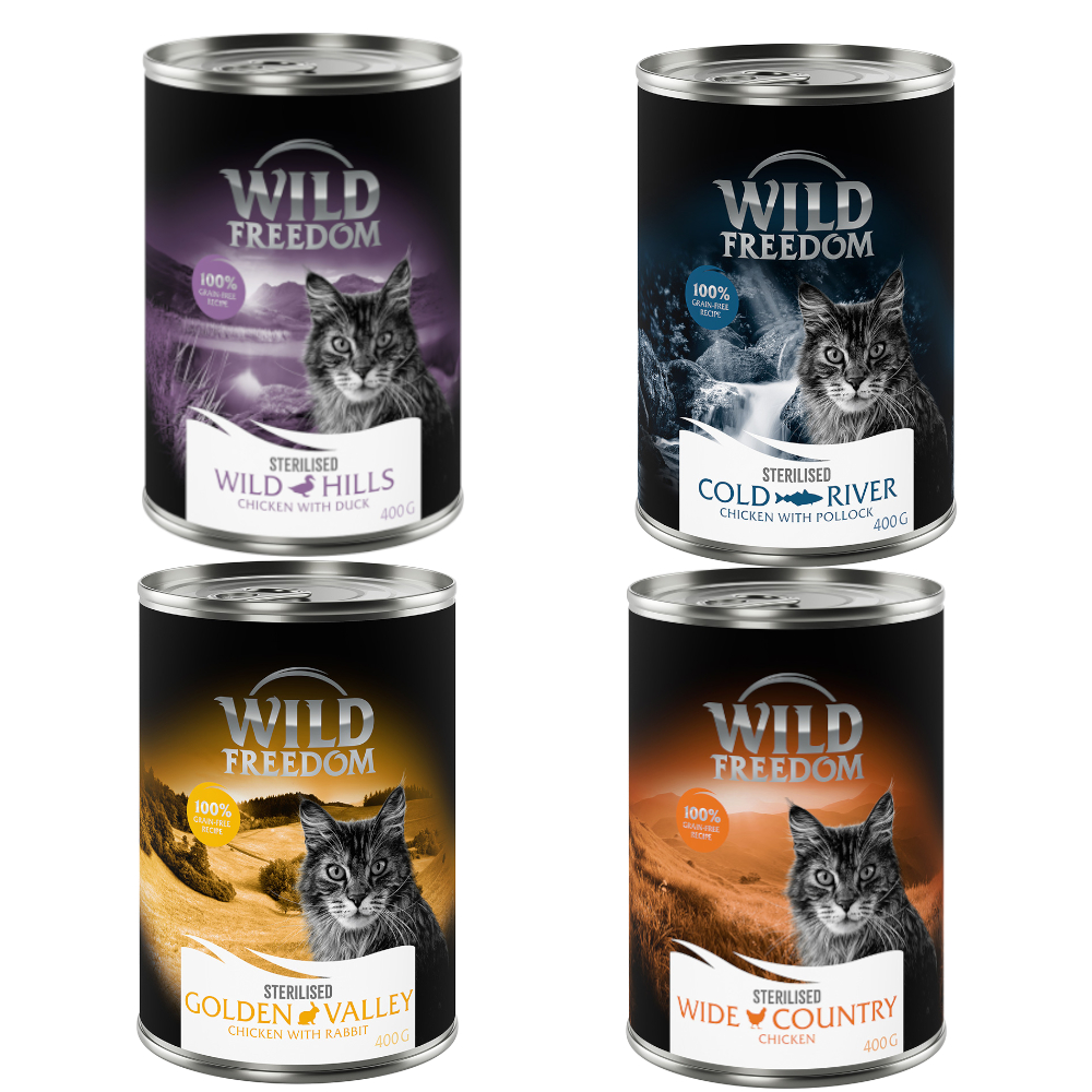 Wild Freedom Adult Sterilised, 6 x 400 g - bez zbóż - Pakiet mieszany (2xczysty kurczak, 2xczarniak i kurczak, 1 x królik, 1 x kaczka)