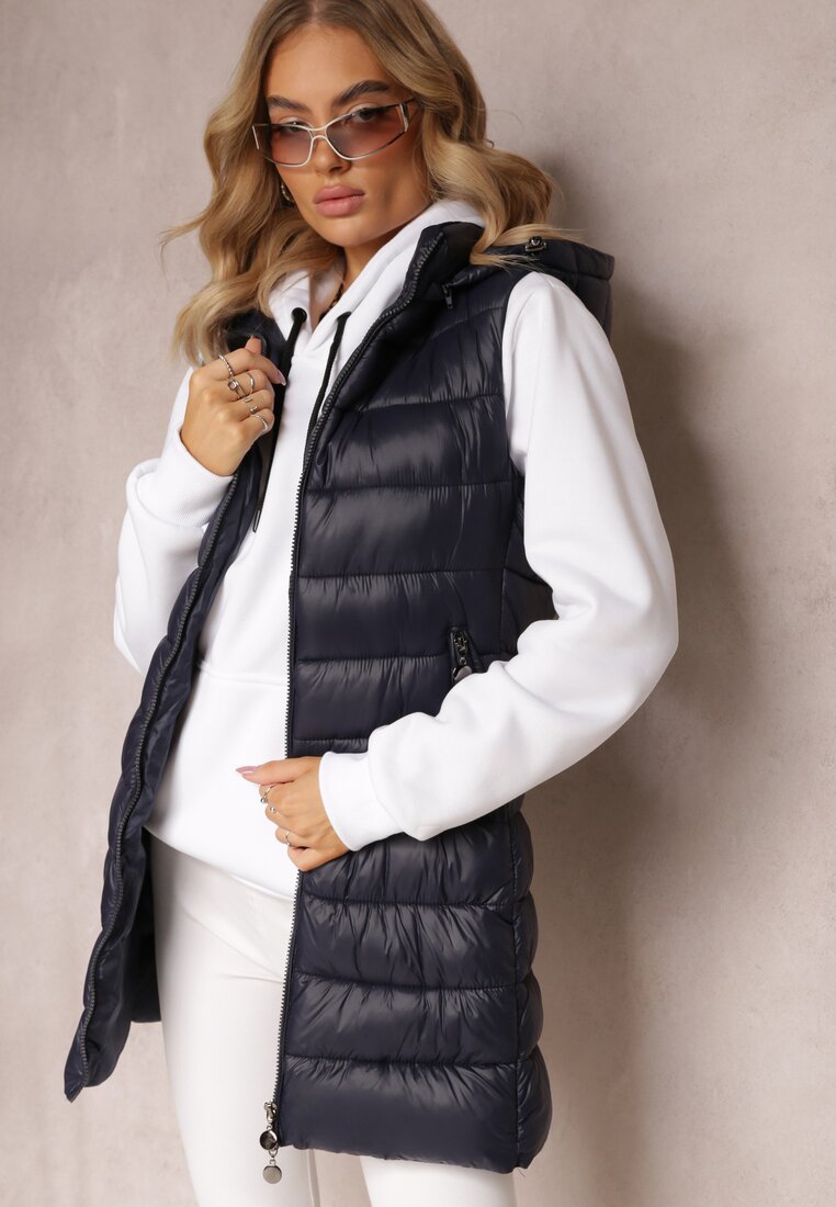 Granatowa Pikowana Kamizelka z Odpinanym Kapturem Samore