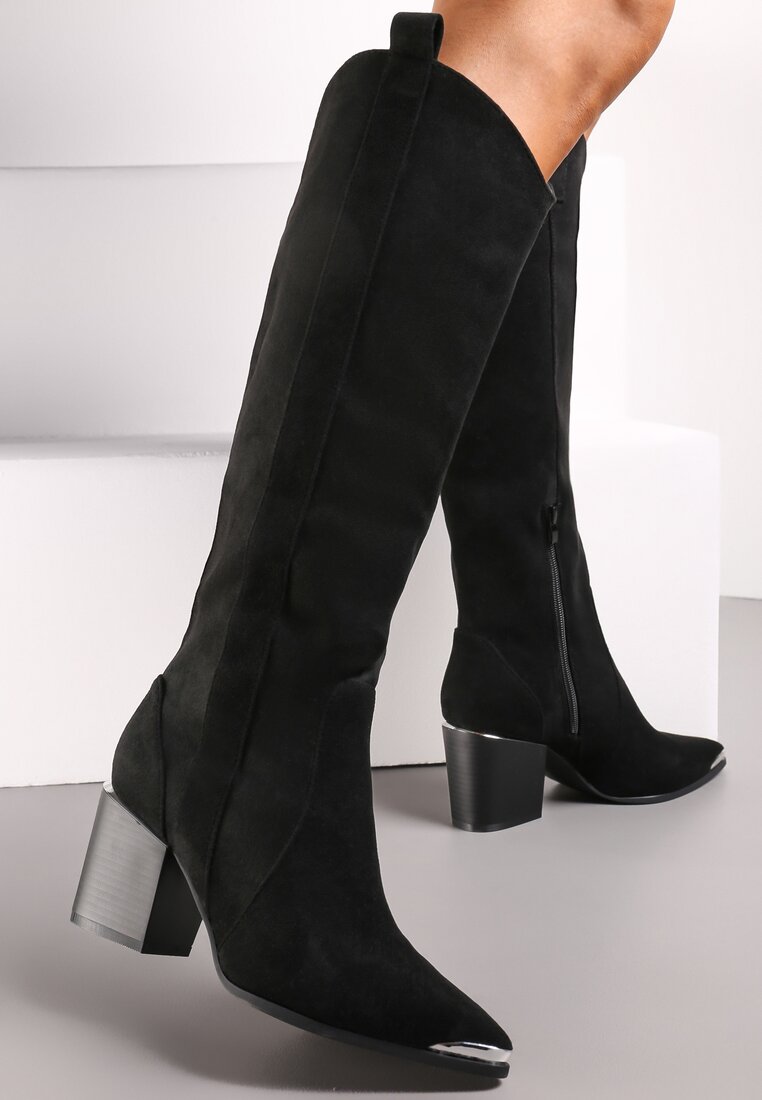 Czarne Kozaki Kowbojki przed Kolano z Metalicznym Noskiem Caspianna