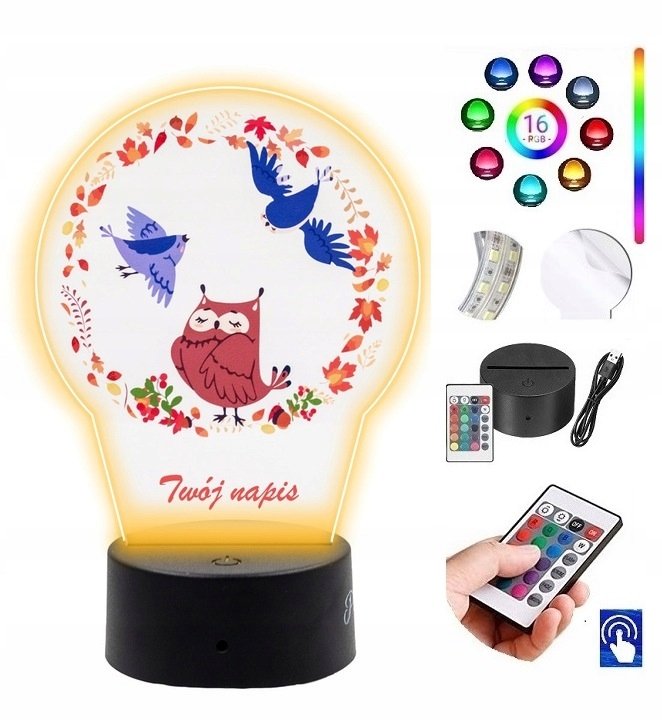 Lampka Na Biurko UV Sowa Ptaki Grawer LED PLEXIDO
