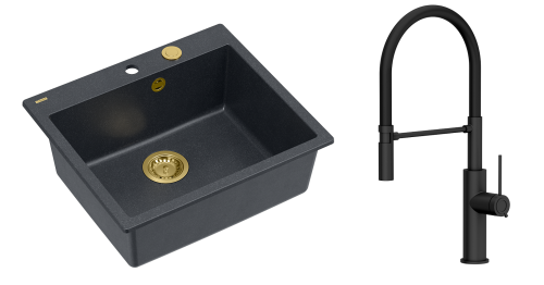 Quadron Unique Zlewozmywak granitowy jednokomorowy 57*50*22 cm MORGAN 110 BLACK DIAMOND z syfonem Push-2-Open w kolorze złotym z baterią GEMMA Q LINE SLIM PURE CARBON z ruchomą wylewką kolor czarny mat/czarny wąż