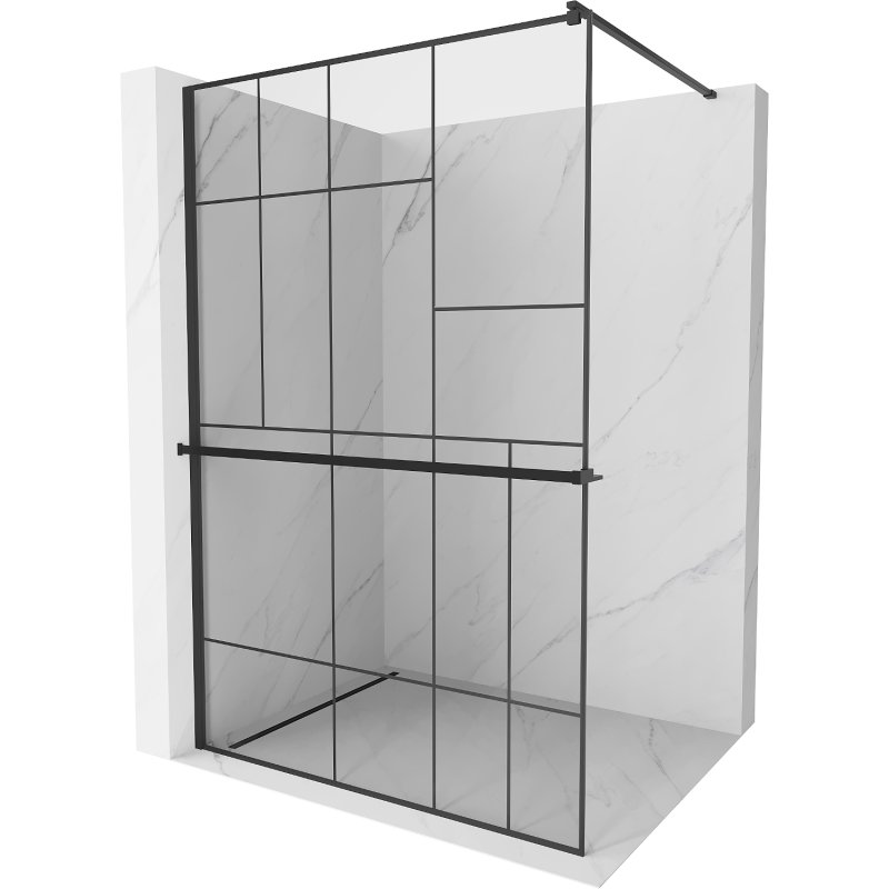 Mexen Kioto+ ścianka prysznicowa z półką i relingiem 80 x 200 cm, transparent/czarny wzór 8 mm, czarna