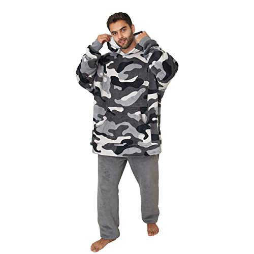 Dreamscene Camo oversize koc z kapturem, miękki pluszowy polar Sherpa, do noszenia, ciepła narzuta, przytulna, olbrzymia kurtka męska - ciemnoszary biały