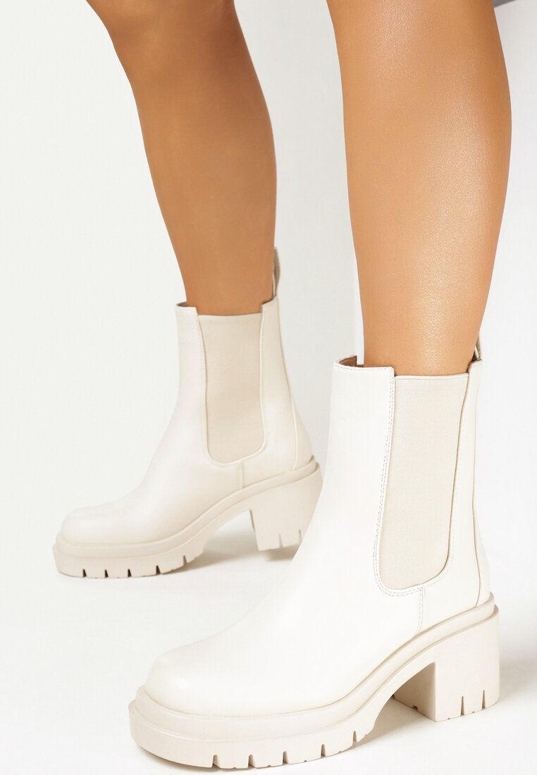 Beżowe Wsuwane Botki Sztyblety z Elastycznymi Wstawkami Odennia