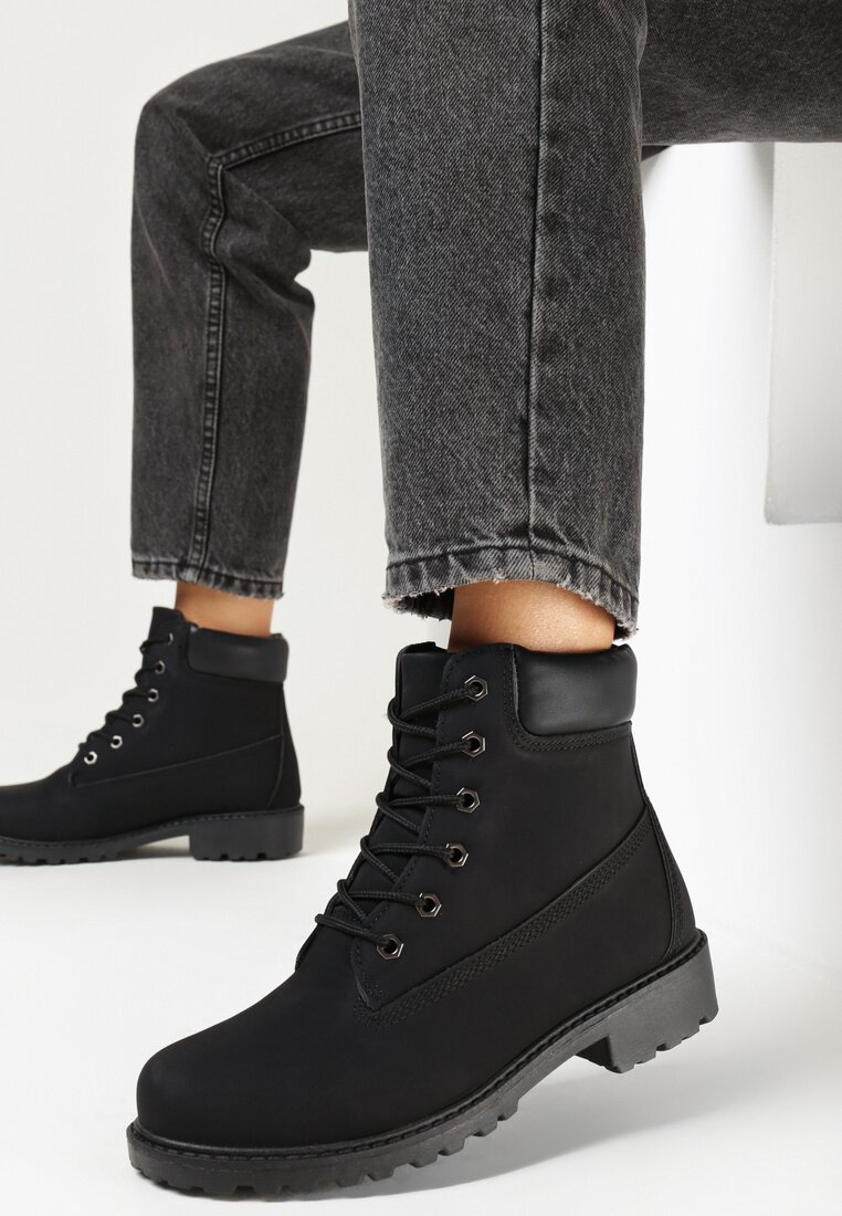 Czarne Botki Workery z Sznurowaniem Lionia