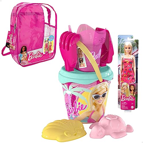 COLORBABY 77387 zestaw barbie plaża dla dzieci zestaw wiadra plażowego z łopatą, grabie, konewka i akcesoria, plecak plażowy dla dziewcząt, zestaw plażowy dla dzieci, plecak z zabawkami