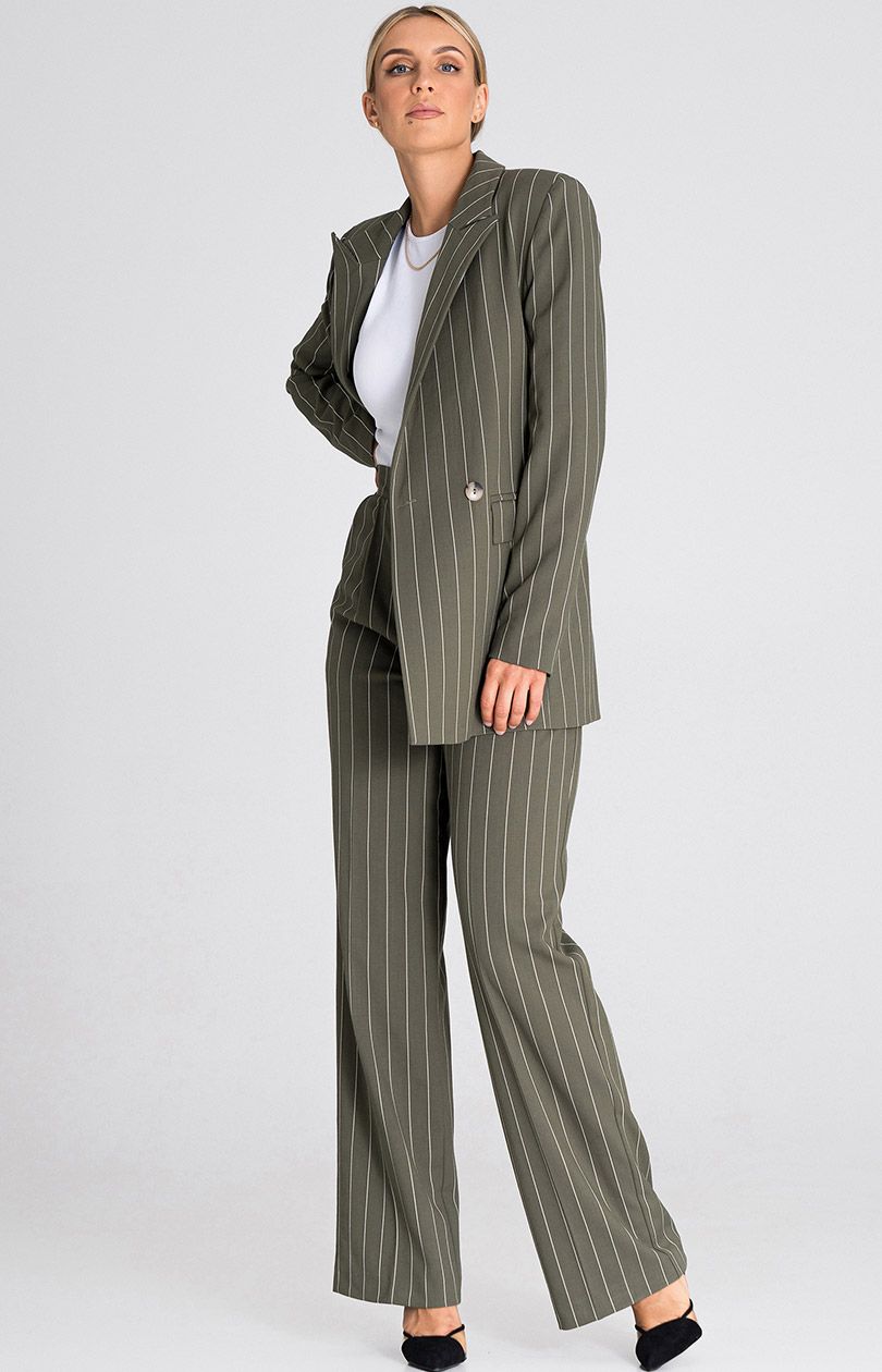 Eleganckie spodnie oliwkowe w paski M952, Kolor oliwkowy, Rozmiar L, Figl - Primodo.com
