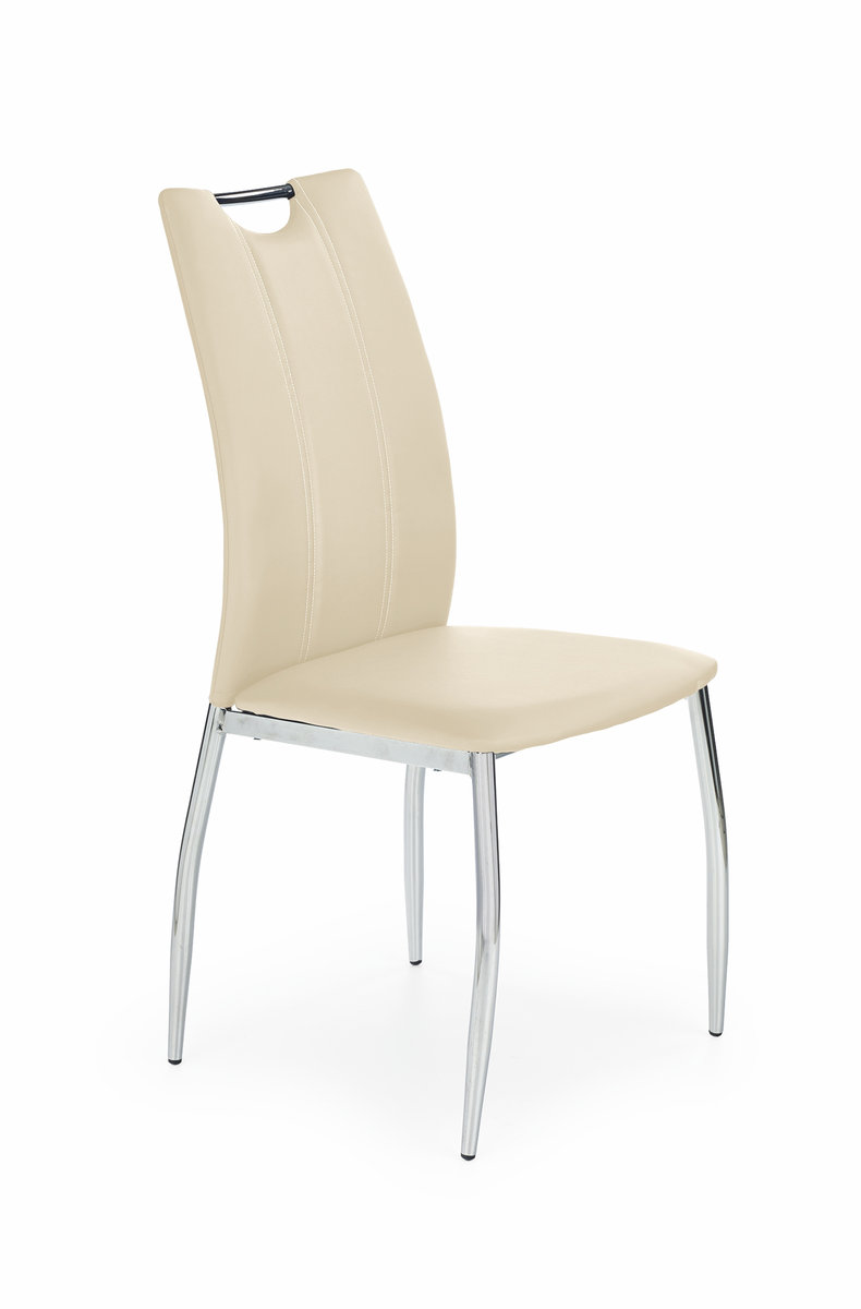 Beżowe krzesło tapicerowane eco skóra K187 z uchwytem, na chromowanych nogach