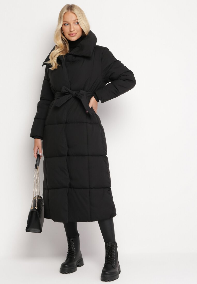 Czarna Pikowana Kurtka za Kolano z Wiązanym Paskiem Opiedsse