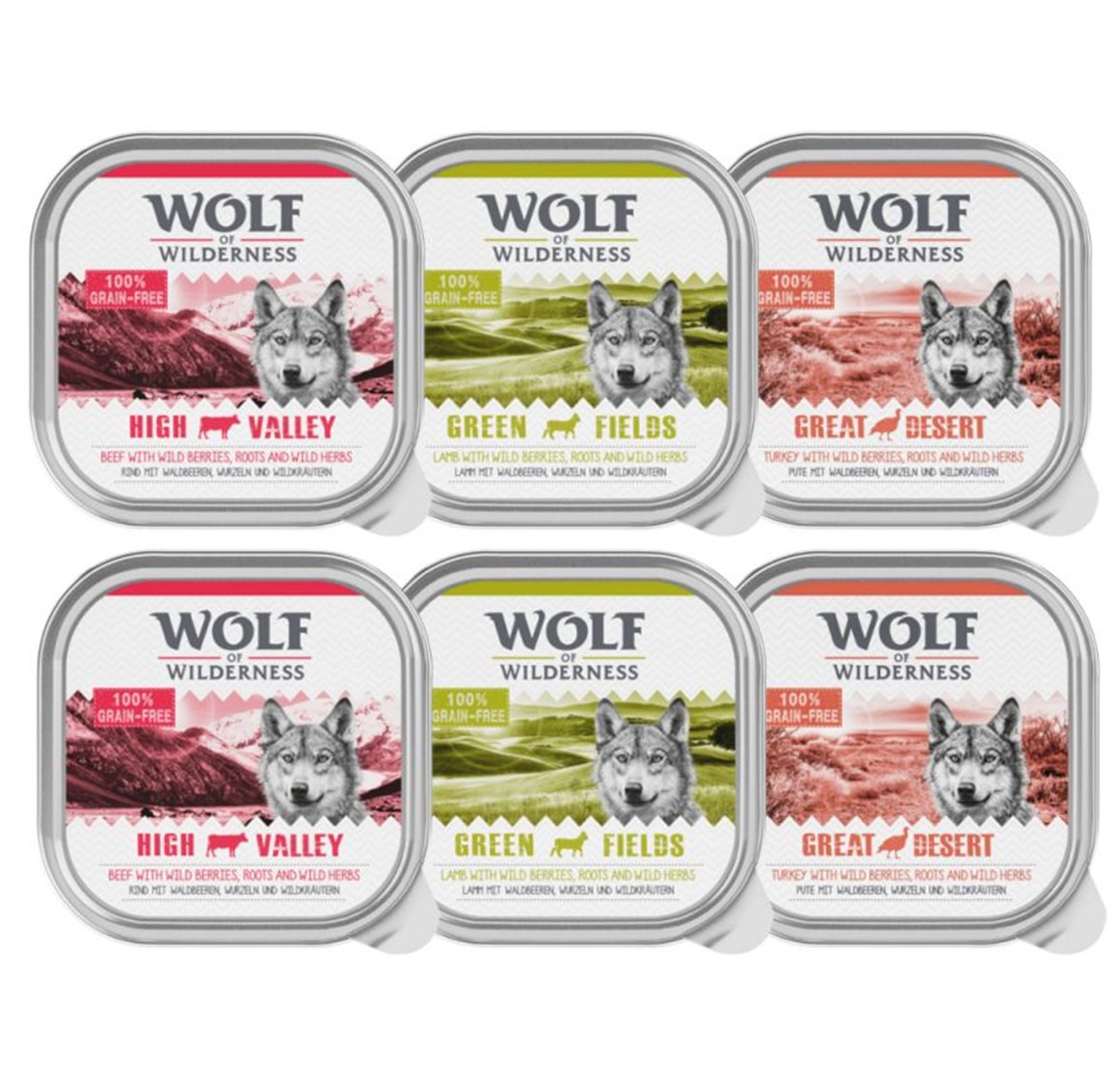 Wolf of Wilderness Adult, 6 x 300 g - Pakiet mieszany: wołowina, indyk, jagnięcina
