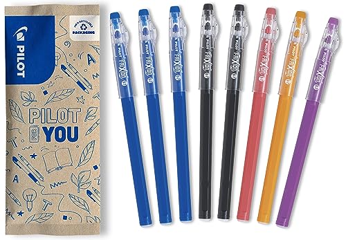 PILOT - Zestaw 8 długopisów FriXion Ball Stick - Tusz żelowy - 3 niebieskie, 2 czarne, 1 koralowe, 1 pomarańczowe, 1 fioletowe, tanie pióro FriXion - Do umieszczenia w pudełku - Artykuły szkolne