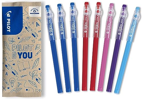 PILOT - Zestaw 8 długopisów FriXion Ball Stick - 3 niebieskie, 2 czerwone, 1 różowe, 1 fioletowe, 1 niebieskie - tanie pióro FriXion - Do umieszczenia w pudełku - Artykuły szkolne