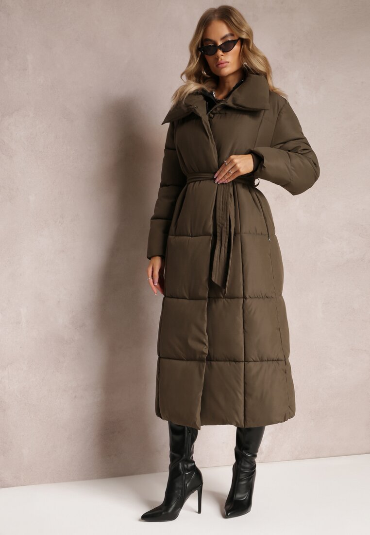 Ciemnobeżowa Długa Kurtka Pikowana z Paskiem Adellesstta