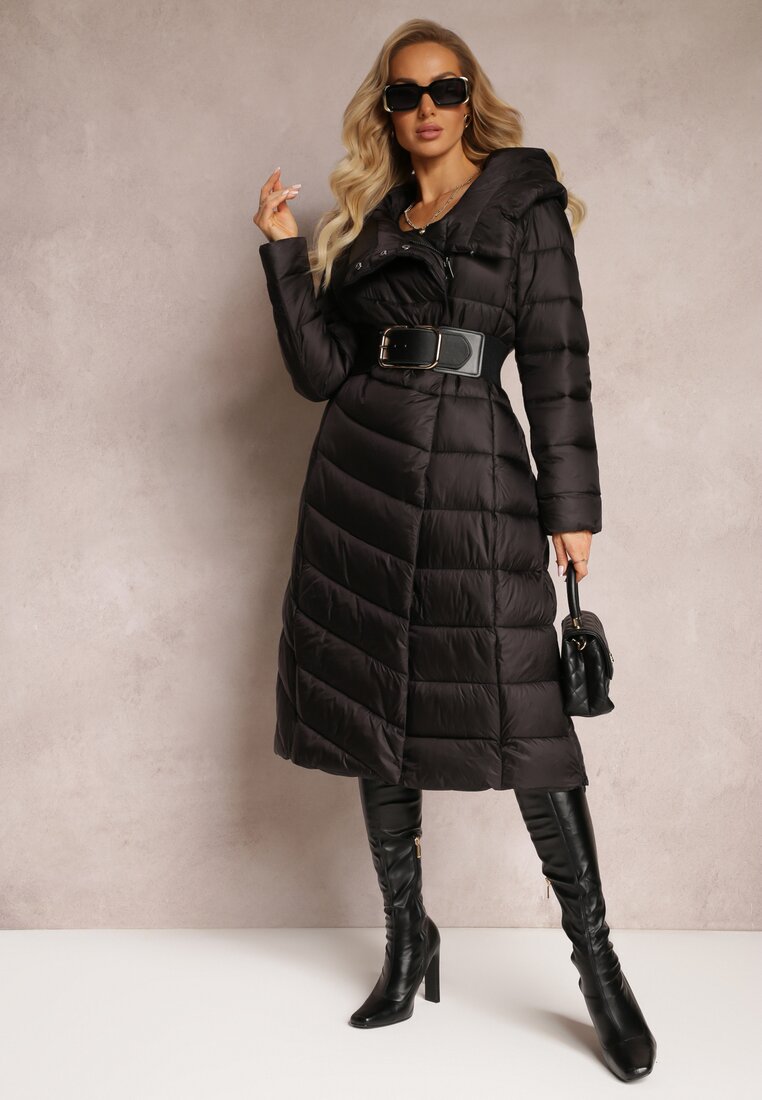 Czarna Długa Kurtka z Pikowaniem i Kapturem Tittonna