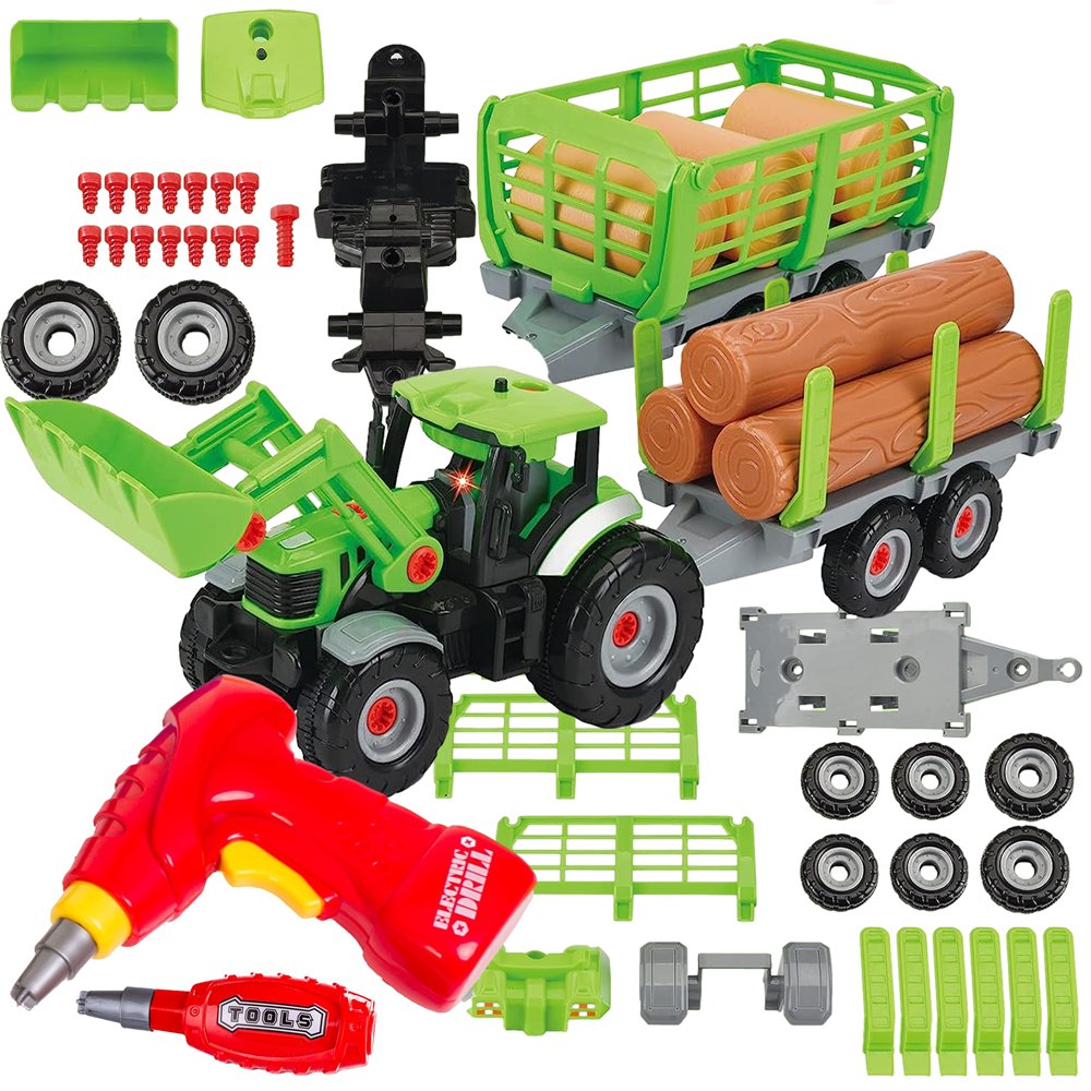 Traktor ciągnik z przyczepą do skręcania i rozkręcania światło dźwięk + wkrętarka na baterie, mały mechanik