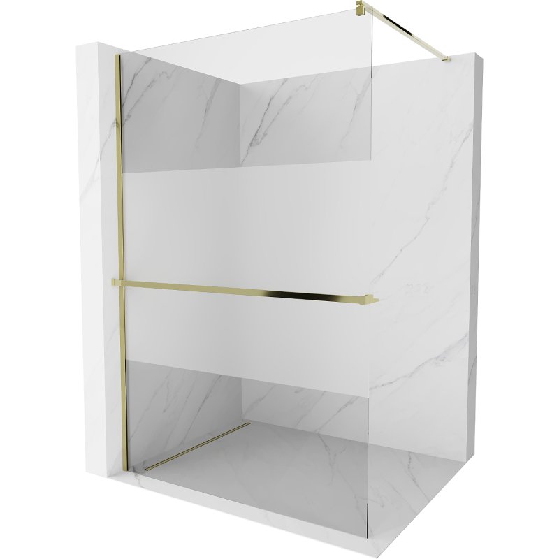 Mexen Kioto+ ścianka prysznicowa z półką i relingiem 80 x 200 cm, transparent/szron 8 mm, złota