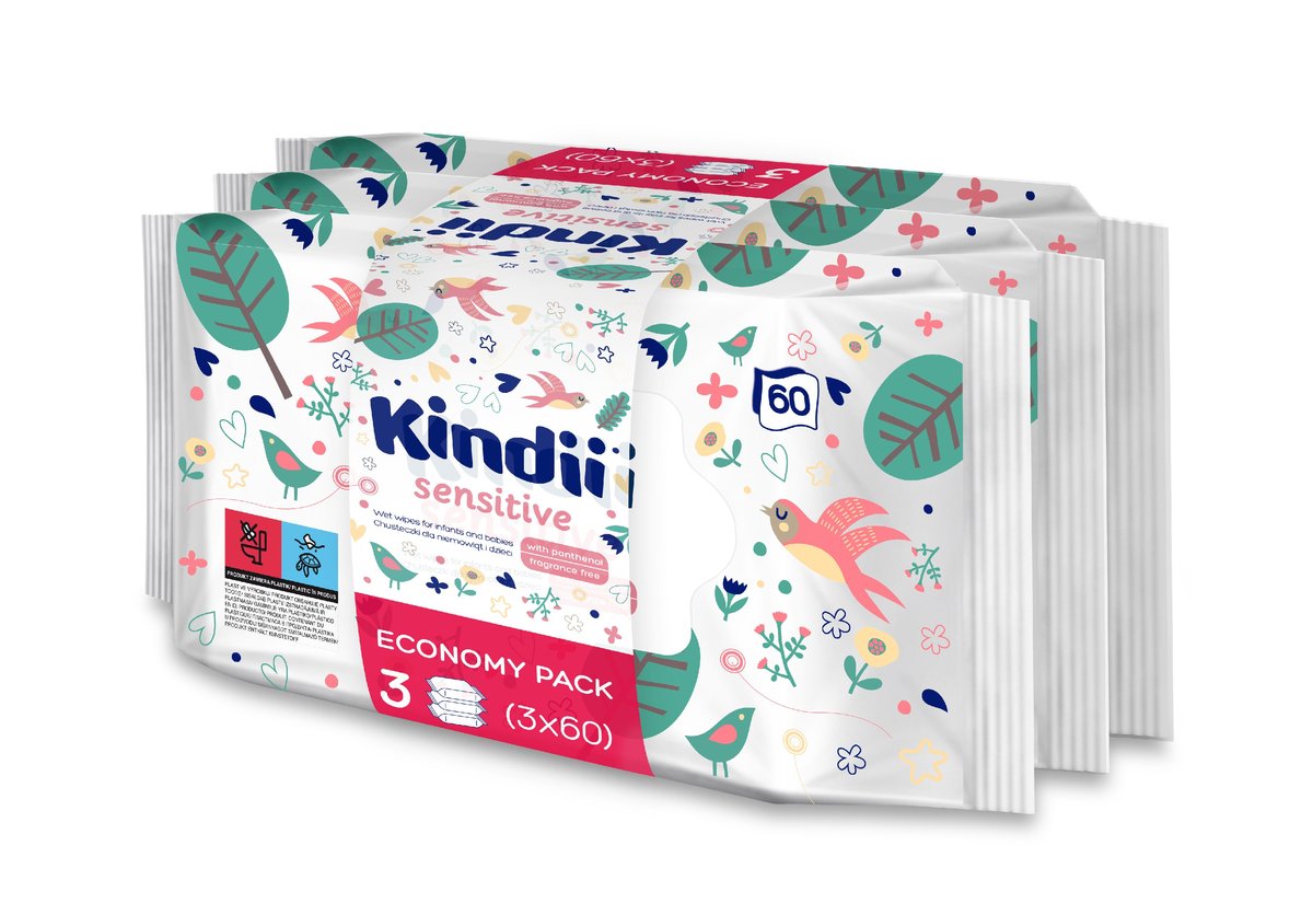 Cleanic Kindii Sensitive - chusteczki dla dzieci i niemowląt 3x 60 szt.