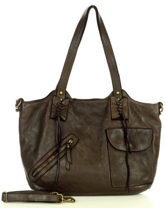 Laura - Oryginalna torebka na ramię shopper w stylu boho skóra naturalna ciemny brąz caffe