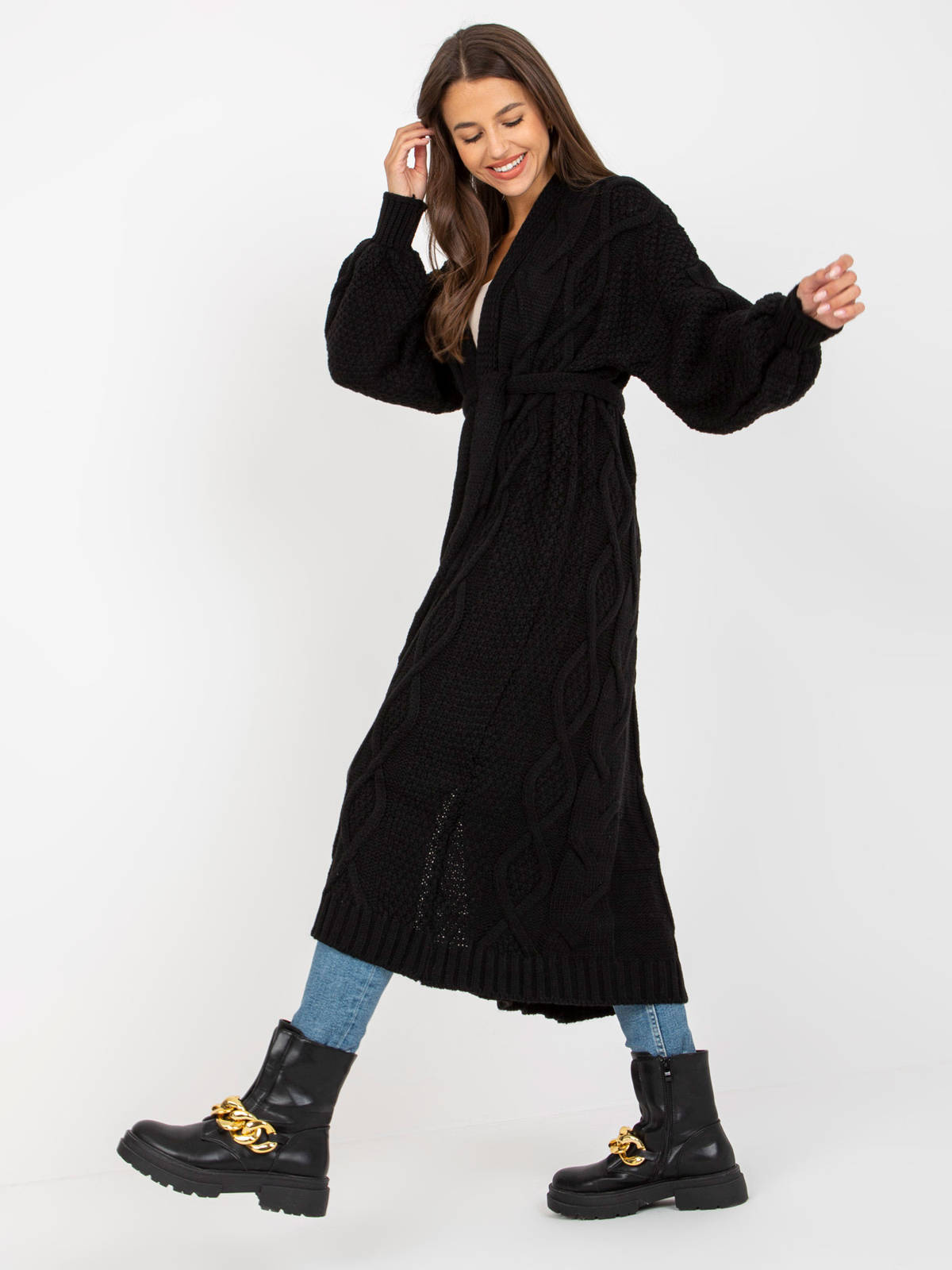 Sweter kardigan czarny casual narzutka dekolt w kształcie V rękaw długi długość długa pasek wiązanie