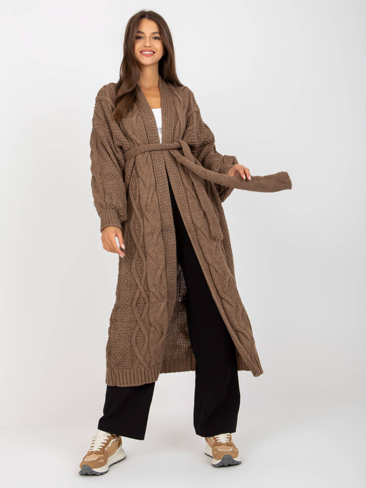 Sweter kardigan brązowy casual narzutka dekolt w kształcie V rękaw długi długość długa pasek wiązanie