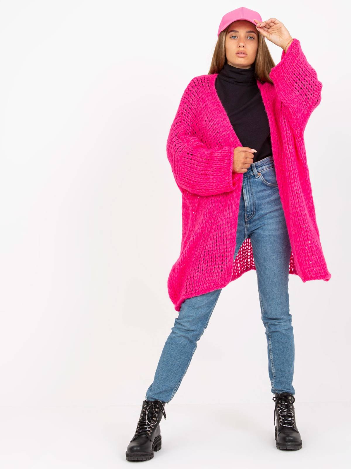 Sweter kardigan fluo różowy casual narzutka rękaw długi