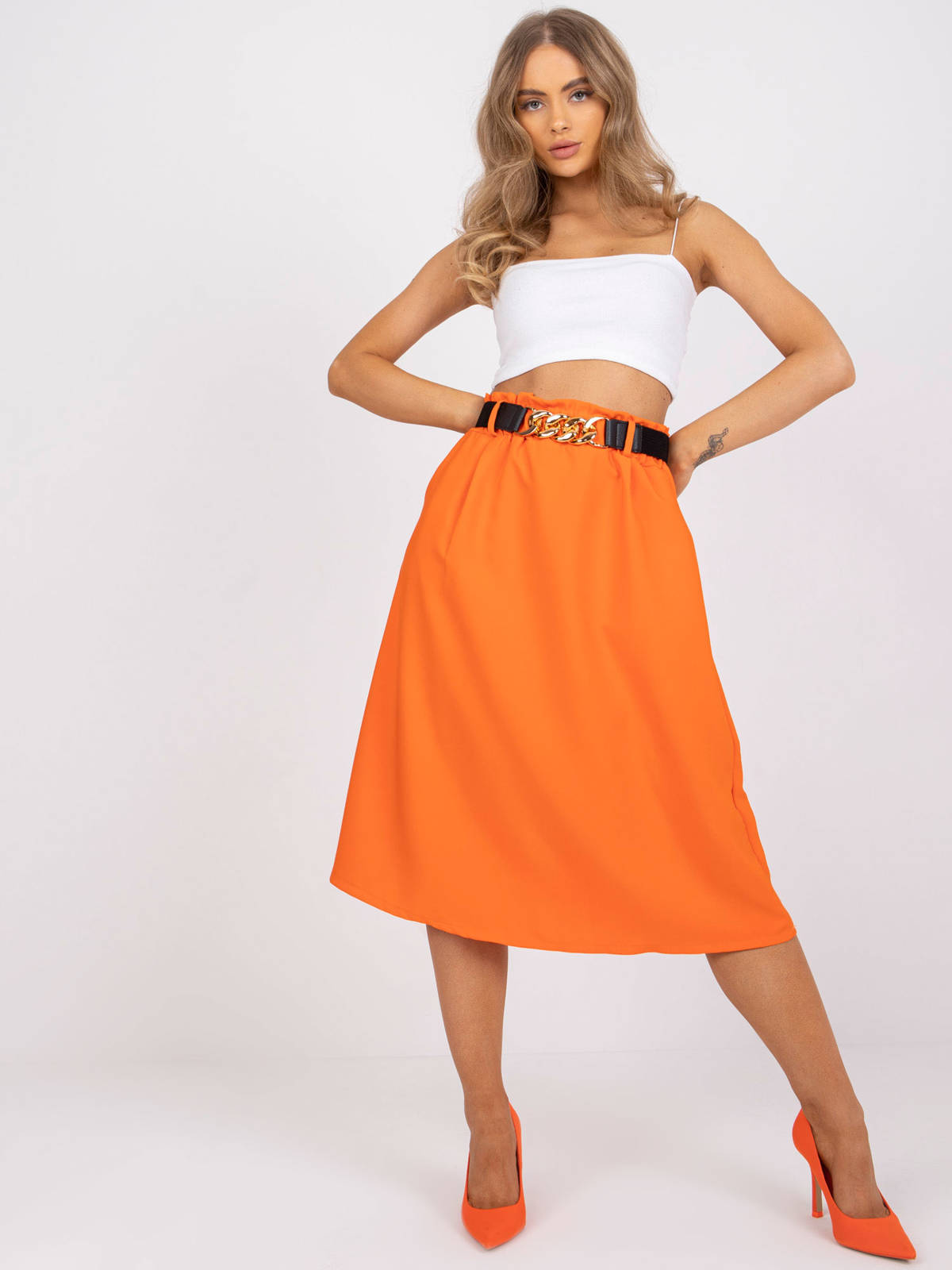 Spódnica trapezowa pomarańczowy elegancki długość midi wysoki stan