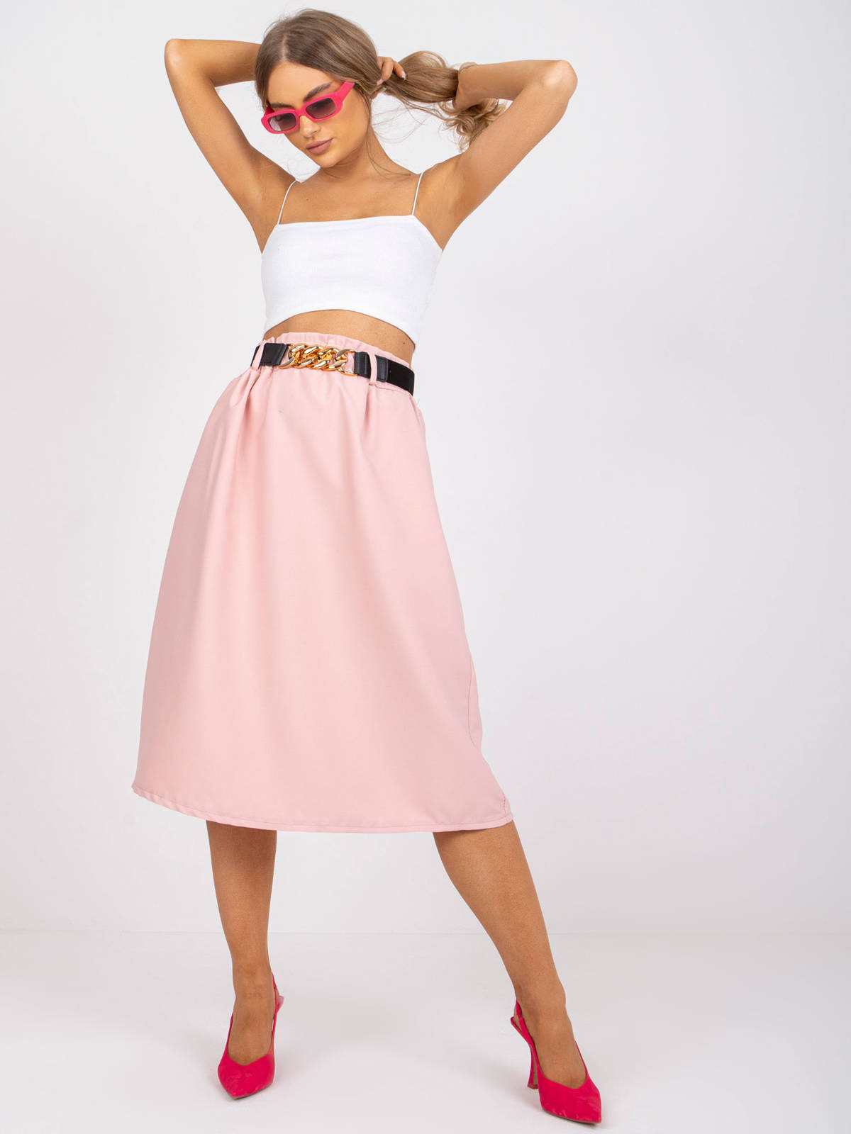 Spódnica trapezowa jasny różowy elegancki długość midi wysoki stan