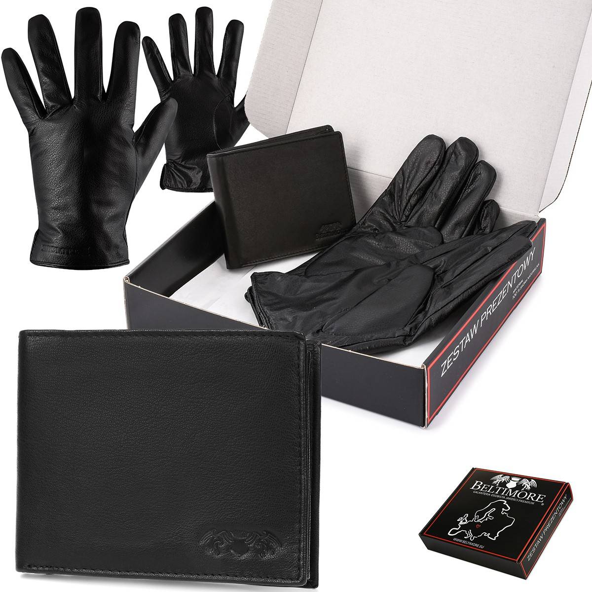 Zdjęcia - Rękawiczki Beltimore Zestaw męski skórzany portfel poziomy  czarne  czarny S 
