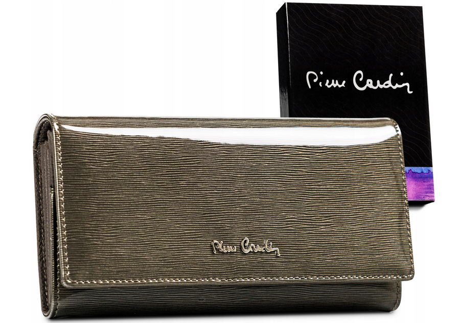Duży portfel damski z lakierowanej skóry naturalnej na zatrzask— Pierre Cardin
