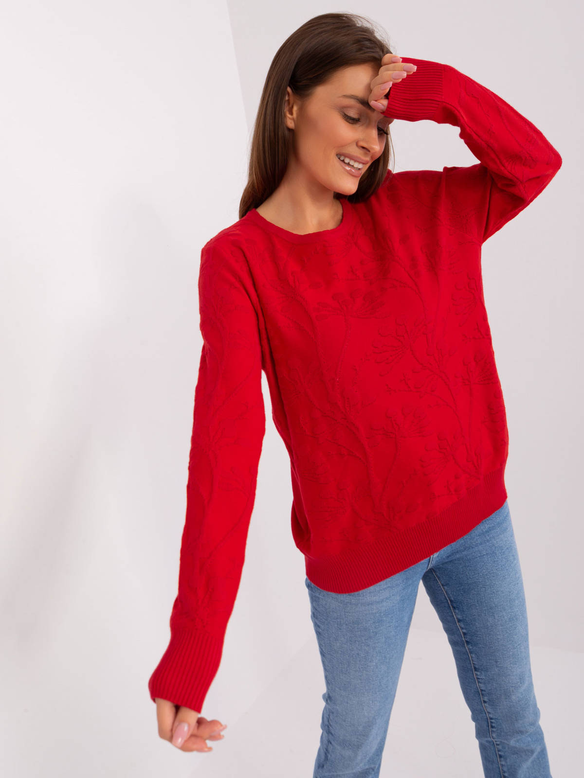 Sweter klasyczny czerwony casual dekolt okrągły rękaw długi