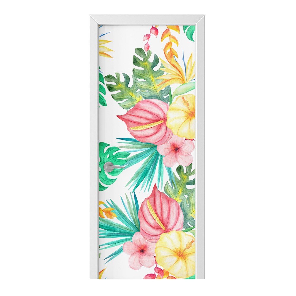Naklejka na drzwi HOMEPRINT Kolorowe kwiaty i liście 95x205 cm