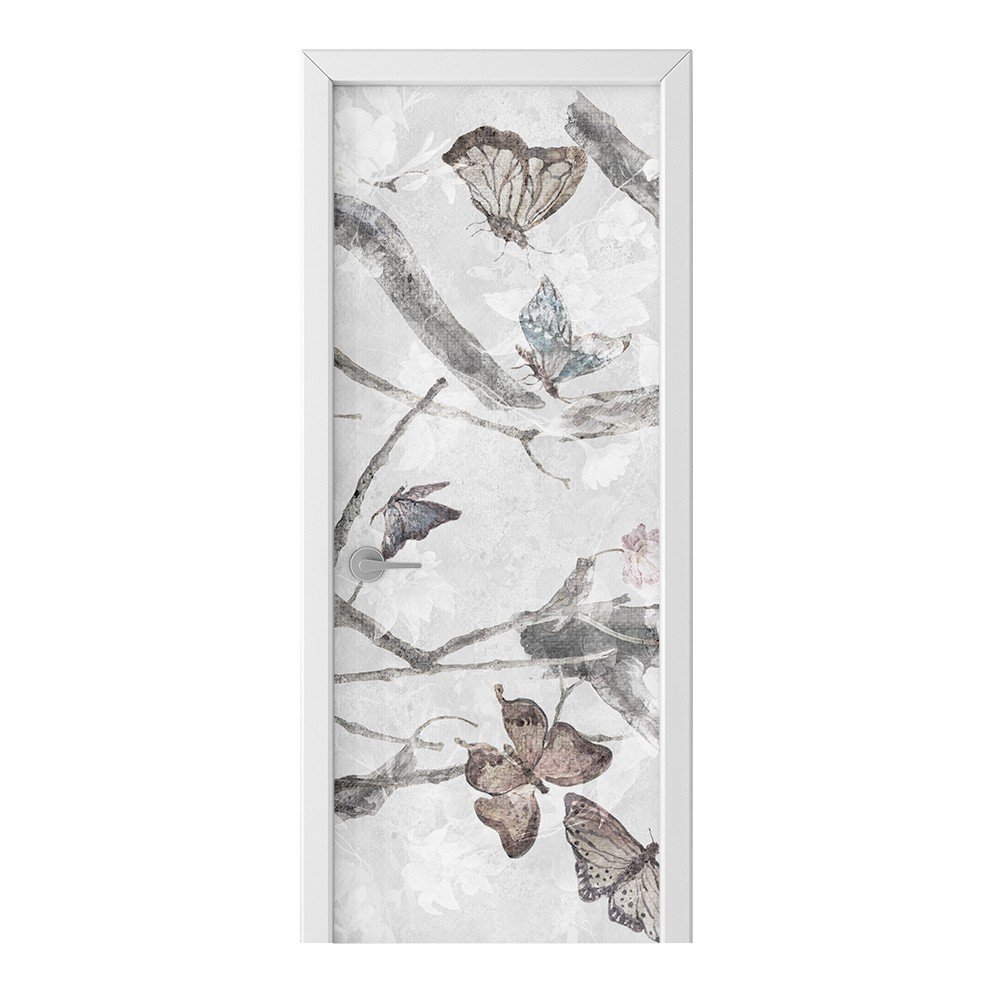 Naklejka na drzwi HOMEPRINT Malowane motyle, kwiaty 75x205 cm