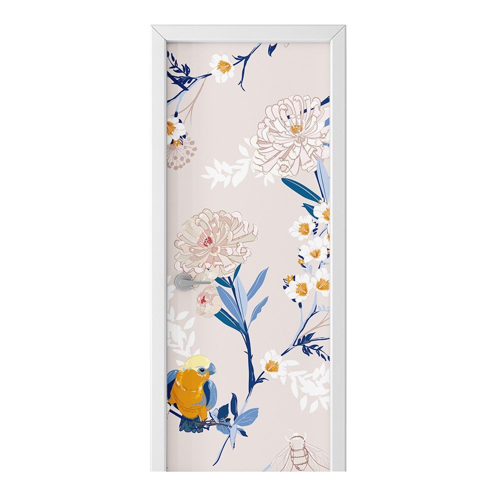 Naklejka na drzwi HOMEPRINT Kwiaty, liście i ptaki 75x205 cm
