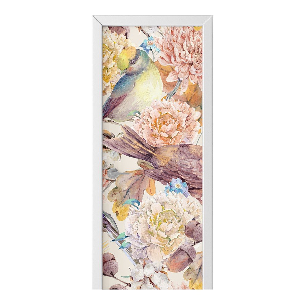 Naklejka na drzwi HOMEPRINT Piwonie i kolorowy ptak 85x205 cm