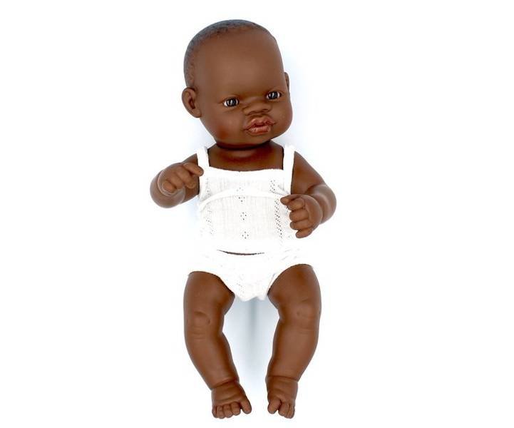Miniland 31033 torebka  Baby afrykańskiego chłopiec  bez bieliznę, 32 cm