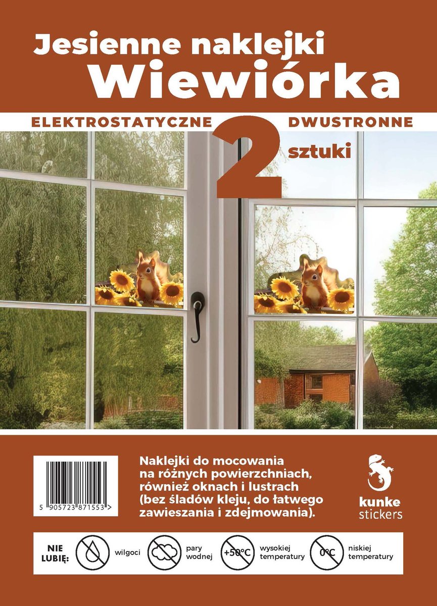 Jesienne ozdoby dwustronne elektrostatyczne Wiewiórka