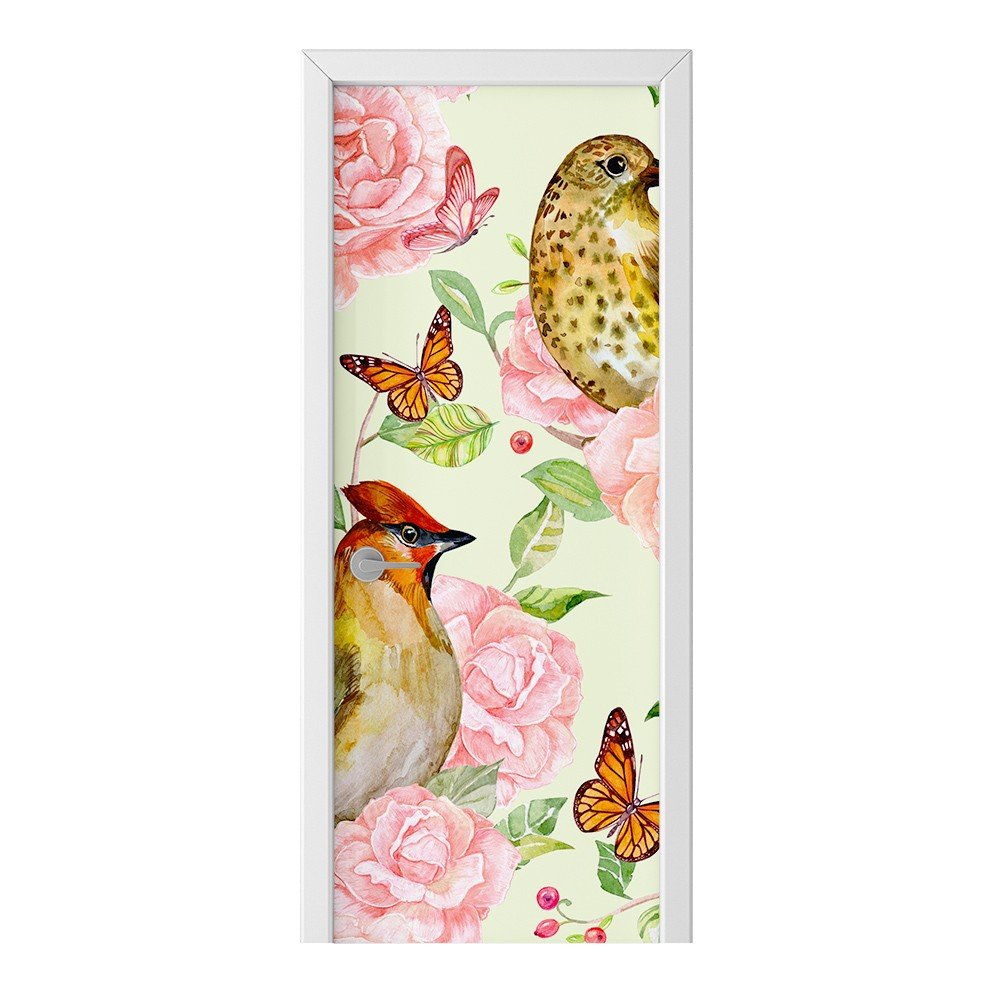 Naklejka na drzwi HOMEPRINT Piwonie, ptaki, motyl 95x205 cm