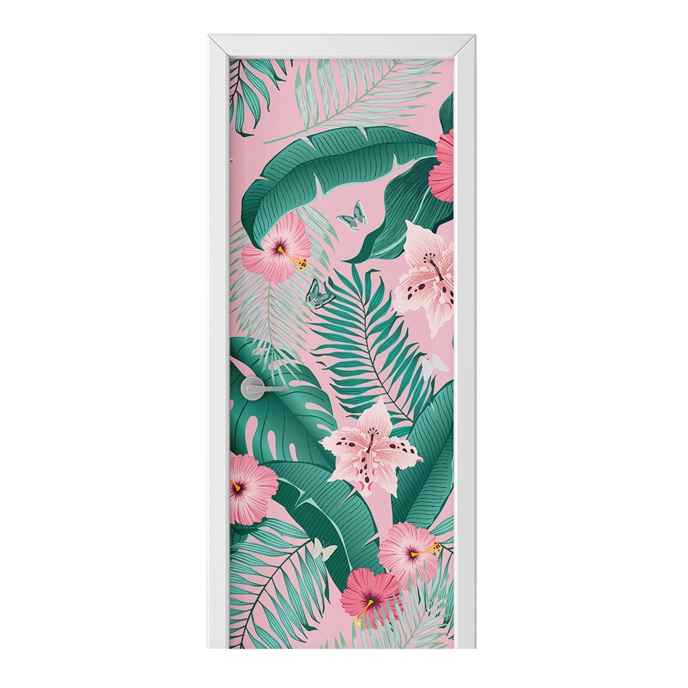 Naklejka na drzwi HOMEPRINT Liście na różowym tle 75x205 cm