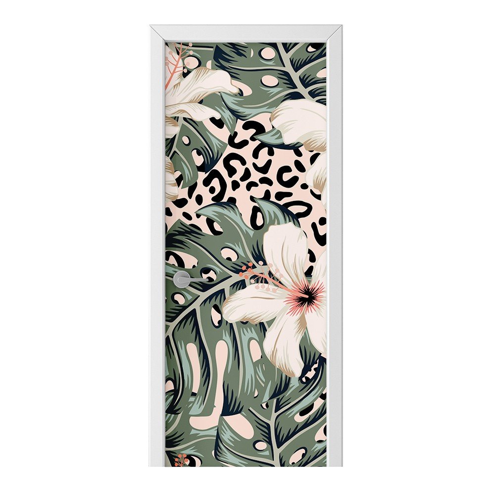 Naklejka na drzwi HOMEPRINT Rośliny na tle panterki 75x205 cm