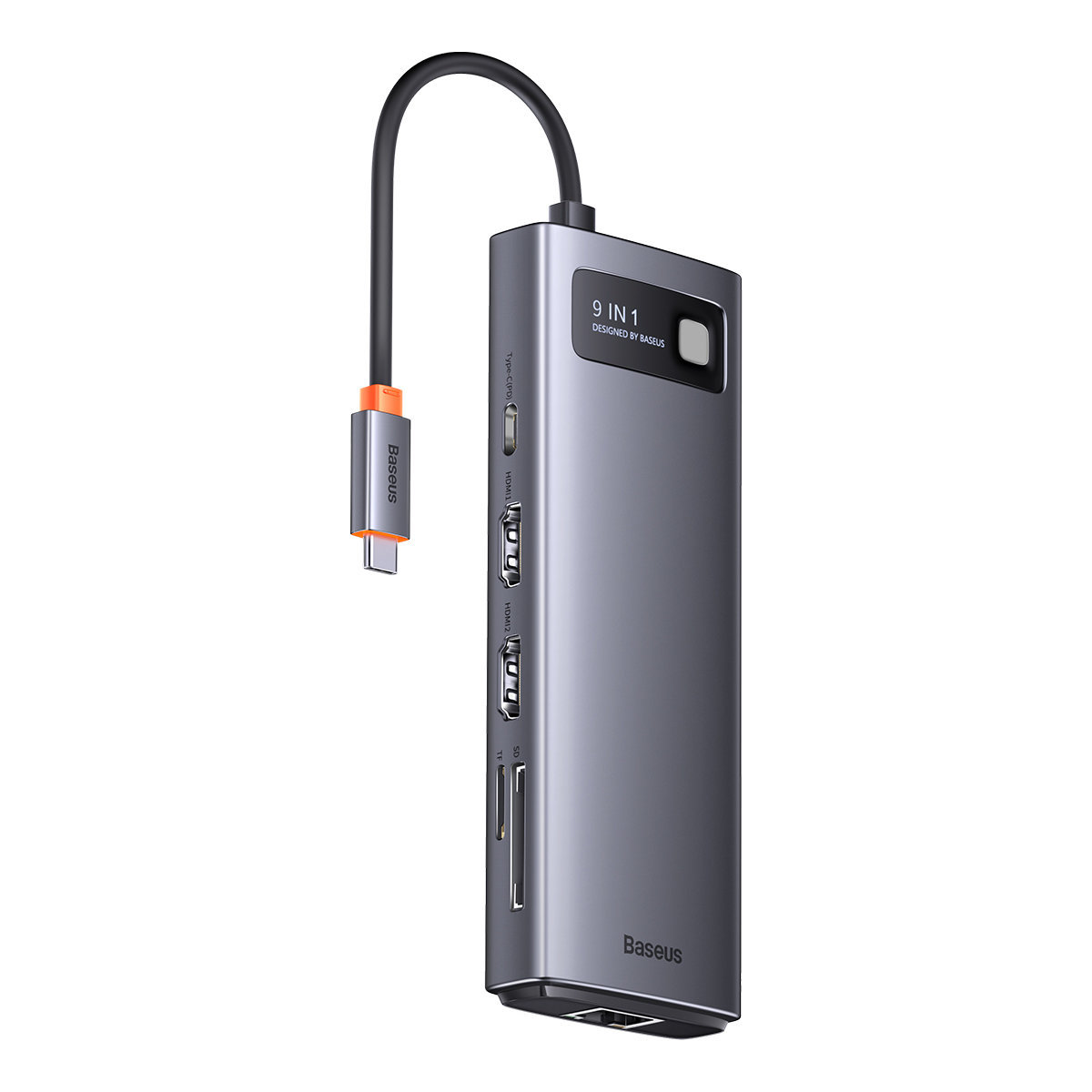 Baseus Metal Gleam Series stacja dokująca HUB 9 w 1 USB Typ C - 2 x HDMI / 2 x USB 3.2 Gen. 1 / 1 x USB 2.0 / 1 x Power Delivery / 1 x czytnik kart SD / 1 x czytnik kart TF / 1 x RJ-45 szary (WKWG060013)