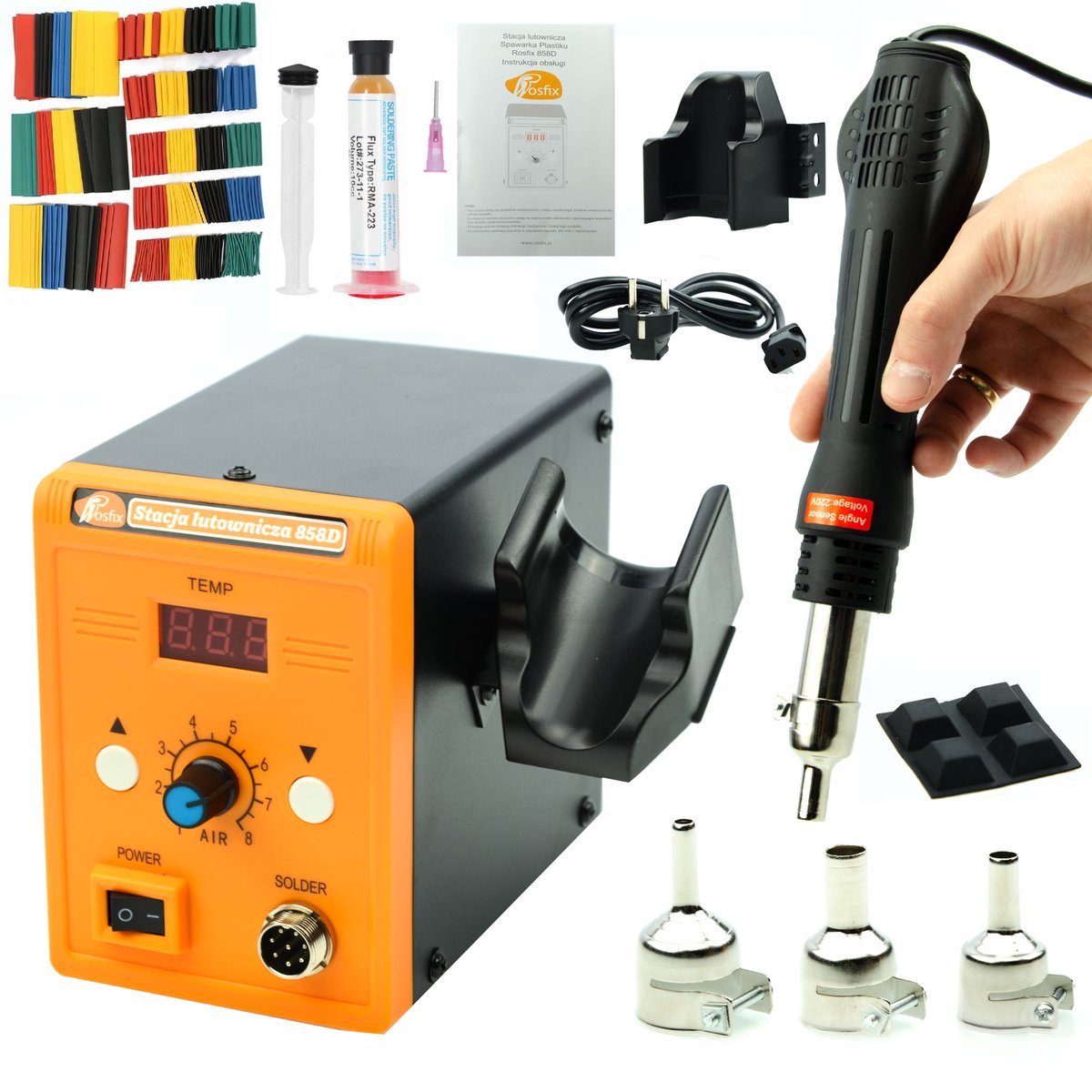 Stacja Lutownicza Hot-Air Rosfix 858D + Zestaw 3 Dysz + Zestaw rurek 328szt + Topnik RMA-223