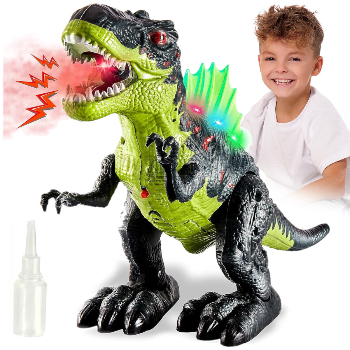 DUŻY DINOZAUR T-REX CHODZI RYCZY ŚWIECI ZIEJE PARĄ Z639