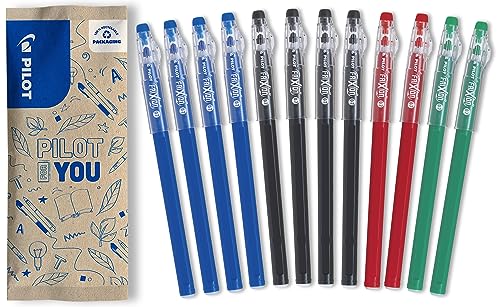 PILOT - 12 długopisów FriXion Ball Stick - wymazywalny tusz żelowy - 4 niebieskie, 4 czarne, 2 czerwone, 2 zielone - Średni punkt Ekonomiczny FriXion - Do umieszczania etui szkolnego - artykuły