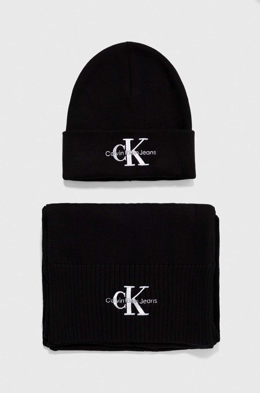 Calvin Klein Jeans czapka i szalik bawełniany kolor czarny