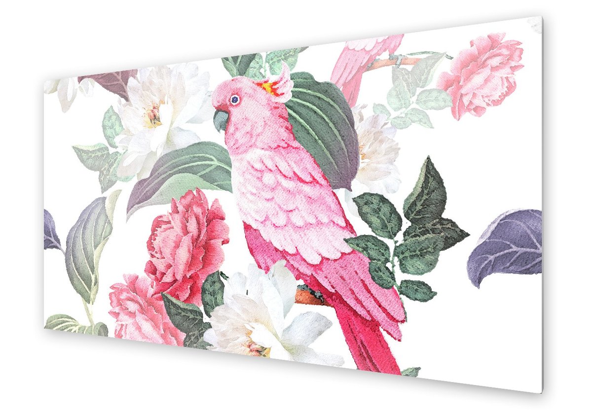 Panel kuchenny HOMEPRINT Różowa papuga w kwiatach 125x50 cm