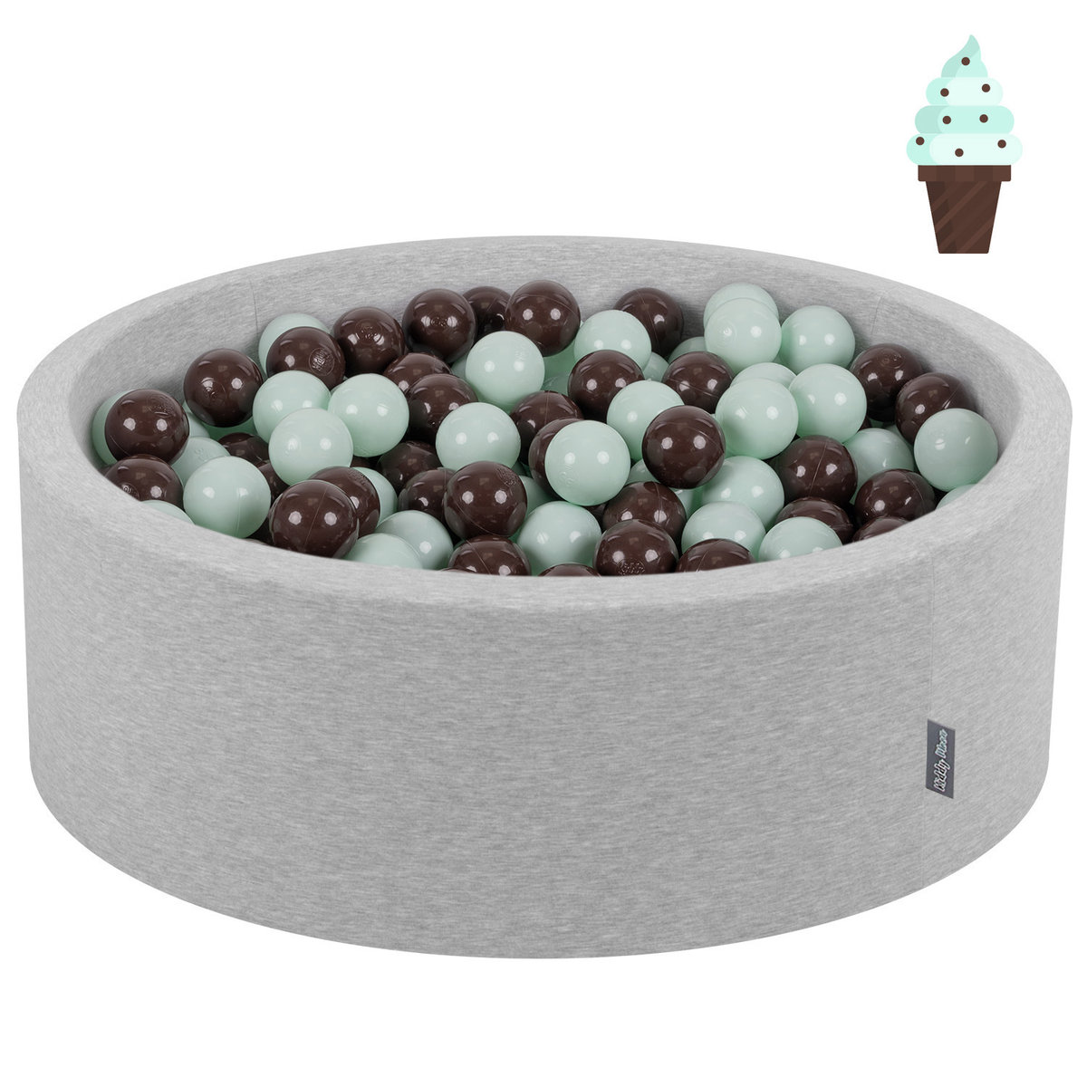 KiddyMoon Suchy basen okrągły z piłeczkami 7cm jasnoszary: miętowy-brązowy 90x30cm/300piłek Zabawka basen piankowy